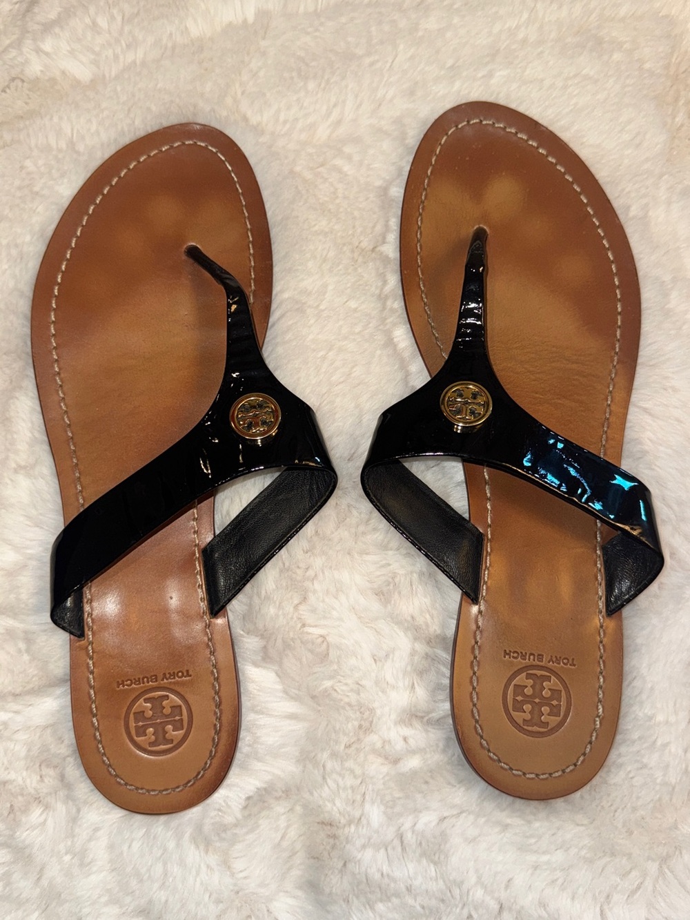 Tory Burch Black Patent Leather Logo Thong Sandals